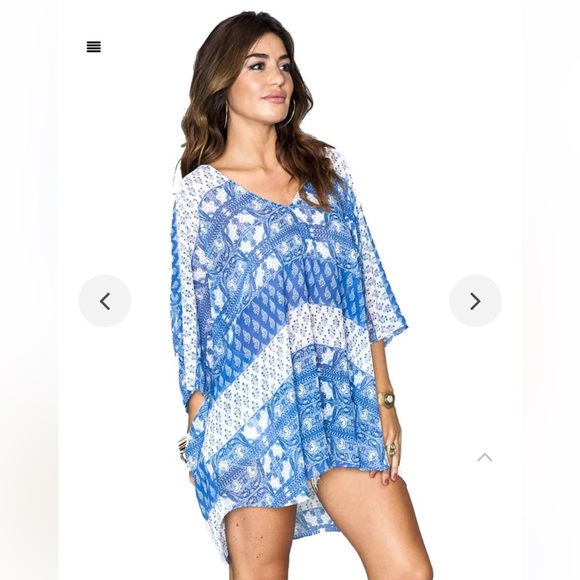 Show Me Your Mumu Shook Tunic Teacup Tulips SZ SM Paisley Blue White Shear Flowy - Picture 1 of 9